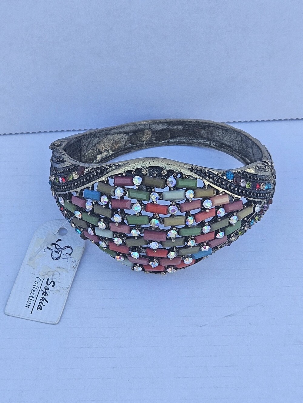 Sophia Collection Vintage Style Multi-Color Rhinestone Hinged Bangle Bracelet N